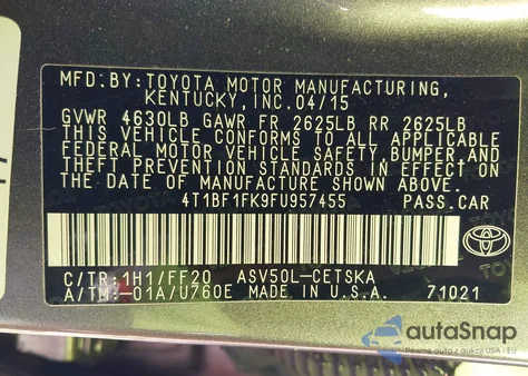 2015 Toyota Camry Se из США, поврежденный, VIN 4T1BF1FK9FU957455